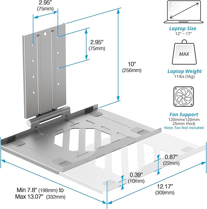 AVLT Adjustable Laptop Tray with Support for 120mm Fans Compatible with VESA 75x75 Monitor Arm - Suitable for Laptops Up to 17Inch - Gray (Fan Not Included)