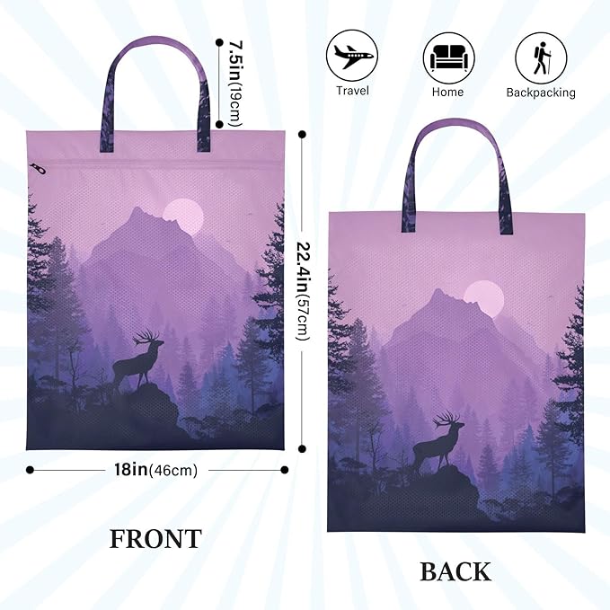 Travel Laundry Bags 2 PC Wet Dry Bag with Handle Dirty Clothes Organizer for Swimsuits Beach Camping Waterproof Washable Purple Stag Mountains Moon and Trees
