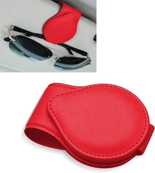 Sunglasses Holders for Car Visor, PU Leather Car Organizer, Magnetic Glasses Holder and Ticket Card Clip, Multi-Functional Auto Sun Visor Eyeglass Holder for Most Vehicles (Red)
