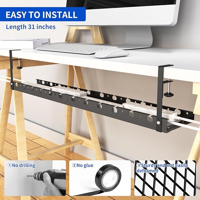 Under Desk Cable Management Raceway Clamp 2 Hole 31Inch No Dril Cord Organizer for Standing Desk Sturdy Metal Office Desk Wire Management - No Damage to Table