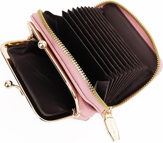 Women's Pebble Leather Wallet, 2-in-1 Zip-Around Credit Card Holder with Kiss Lock Coin Purse, Cute Change Purse with Secure Clasp & Card Slots (Pink, Small)