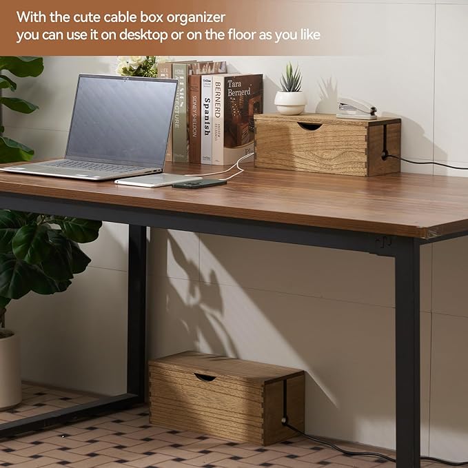 KIRIGEN Cable Management Box Wooden Cord Organizer Hide Power Strip Desk Wires Protector for Home Office TV Computer (DXH2T-DBR)