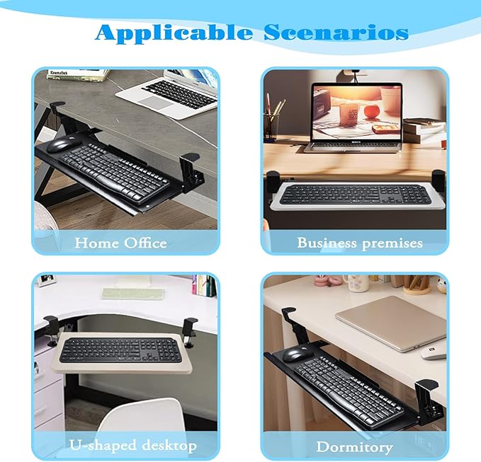 Sliding Keyboard Tray Under Desk Slide, 45°Swivel Keyboard Tray Keyboard Holder for Desk Pull Out Keyboard Drawer Under Desk Keyboard Tray Slide Out Clamp on Desk Shelf (Modern)