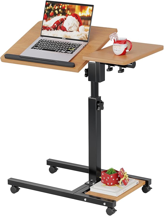 Mobile Height Adjustable Laptop Desk with Mouse Pad, Portable Laptop Desk Rolling Tiltable Table with Small Side Table for Couch,Rolling Computer Stand