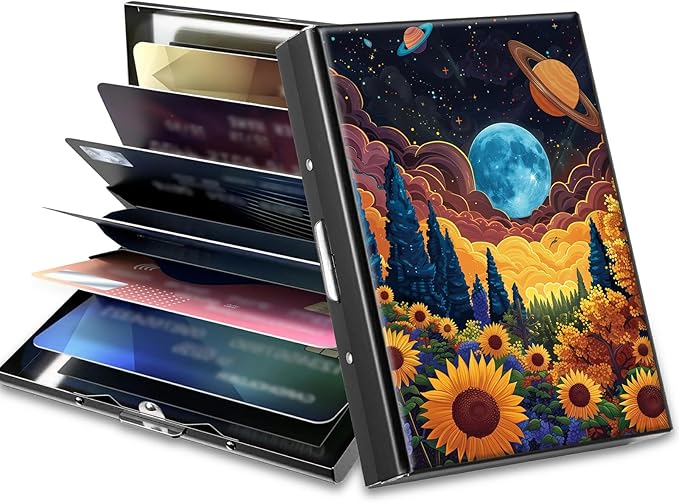 Slim Credit Card Holder, Starry Sunflowers Cosmic Planet RFID Blocking Metal Wallet for Men & Women, Aluminum Minimalist Hard Case Pocket-Sized Business Cards Organizer (Fits Up to 10 Cards)