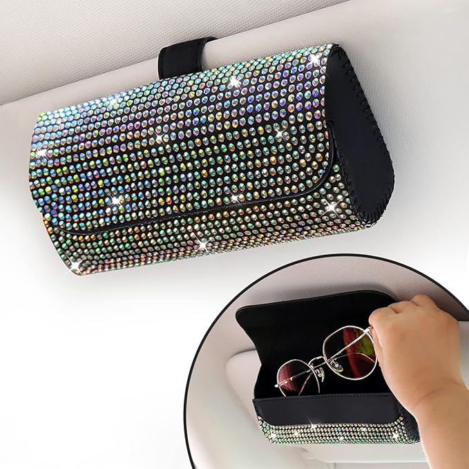 Osilly Bling Car Sunglass Holder for Sun Visor, Sparkling Crystal Leather Automotive Eyeglasses Mount Clip Organizer with Hidden Magnetic Closure for Men Women, Universal for SUV Truck Van（Multicolor）