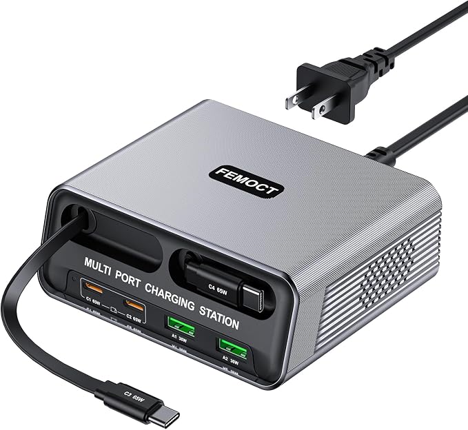 6-in-1 Retractable USB C Charger, 100W GaN Desktop Charging Station for Multiple Devices, Dual 2.3ft Built-in Retractable Cords, PD 65W Fast Charger for iPhone 17/16/15, Galaxy S26, Home Office