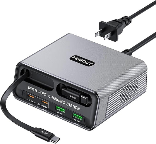 6-in-1 Retractable USB C Charger, 100W GaN Desktop Charging Station for Multiple Devices, Dual 2.3ft Built-in Retractable Cords, PD 65W Fast Charger for iPhone 17/16/15, Galaxy S26, Home Office