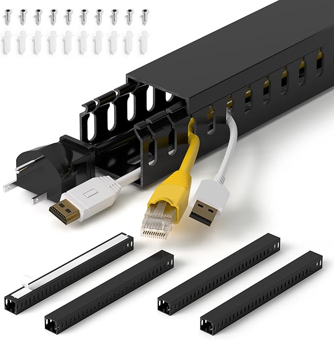 ZhiYo H1.4 W1.6in Professional Server Rack Cable Management Raceway, 66in (4X L16.5in) Cable Raceway Kit, Electrically Safe PVC Open Slot Wire Raceway for Under Desk/Computer/Network Cords, Black