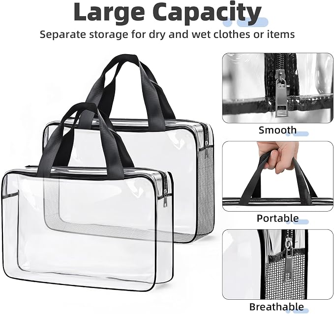 ABSOFINE Clear Toiletry Bag for Travel Size Toiletries, 4 Pack Large Waterproof PVC Makeup Bags with 2 Pack Airport Security Liquids Bags, Travel Essentials toiletry Bottles for Women Girls Men