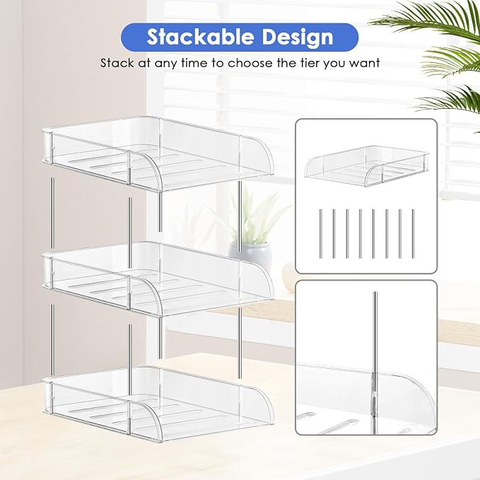 Desk Organizers and Storage, 3 Tier Clear Heightened Stackable Paper Tray Organizer for Document, Letter, A4 File Paper, Desk Accessories, Office Supplies (Clear, 3 Pack)