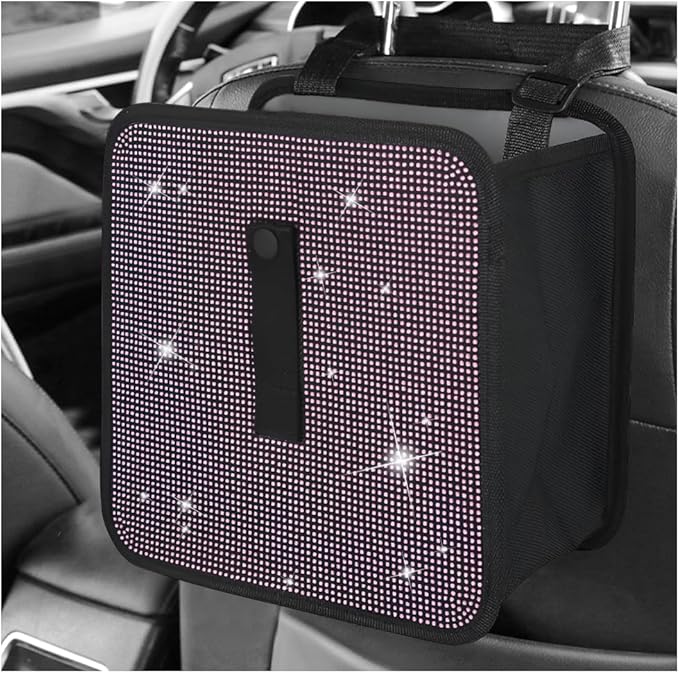 Car Foldable Trash Can, Bling Rhinestone Oxford Garbage Container Hanging Waterproof Organizer, Mini Crystal Dustbin Waste Basket Leakproof Trash Bin for Car Office Kitchen (Light Pink)