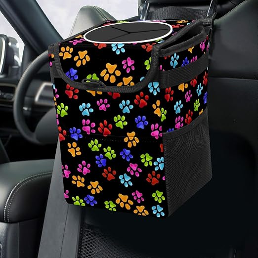 Paws Cat and Dog Print Car Trash Can with Lid Collapsible Reusable Waterproof Car Garage Bag,Automotive Garbage Can,Car Accessories Interior Car Organizer