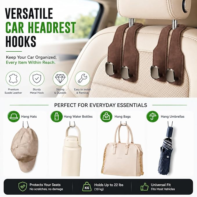 4Pcs Car Headrest Hooks with Premium Leather, Upgraded Double Metal Hooks with Anti-Drop Design, Universal Back Seat Hanger for Bags, Coats, Purses and Groceries (Stylish Brown)