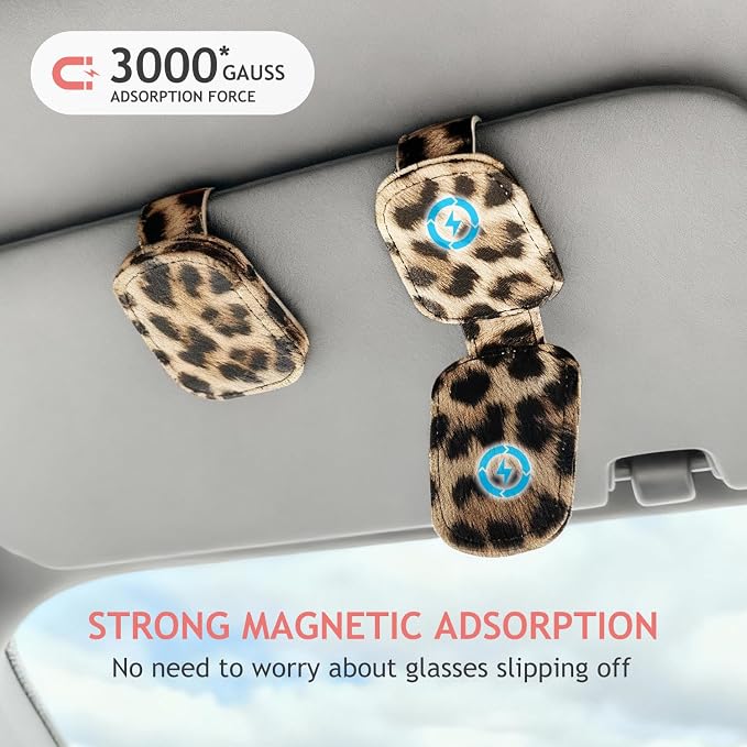 Sunglass Holder for Car Visor, Cheetah Leopard Magnet Sunglasses Holder for car Leather Sunglasses Holder and Ticket Card Clip Car Visor Accessories