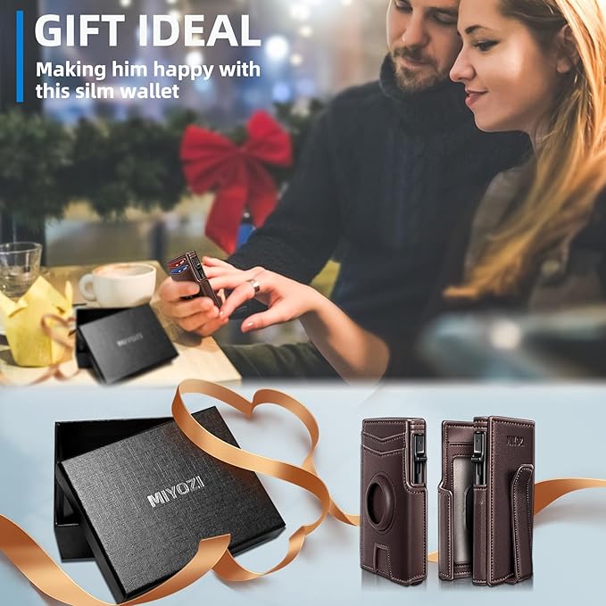 miyozi Airtag Wallet for Men,with Money Clip 10 Cards Metal Case Smart Slim Pop Up Credit Card Holder Flip with Magnetic Closure RFID Blocking wallet with Gift Box