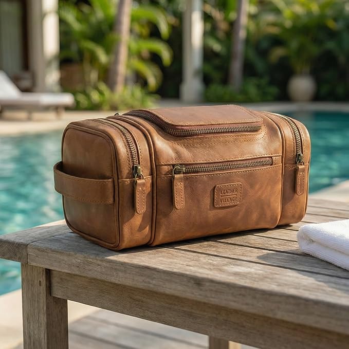 LEATHER VILLAGE Genuine Leather Travel Dopp Kit for Men & Women – Large Capacity Hanging Toiletry Bag with Water-Resistant Lining – Ideal for Travel, Grooming & Gym - Tan