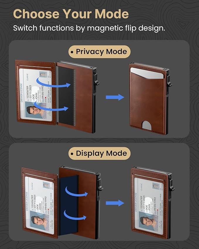 typecase Flip Pop Up Wallet for Men Card Holder: Smart Privacy & lD Display Mode, RFID Blocking, Slim Genuine Leather, Minimalist Front Pocket - 8 Cards Capacity | ID Window | Money Clip (Brown)