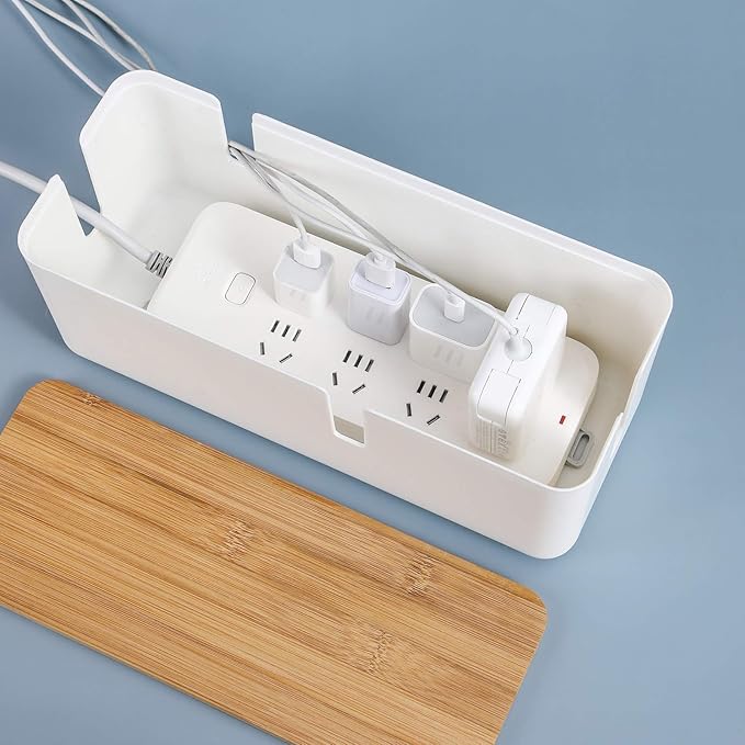Changsuo Small Cable Management Box with Bamboo Lid for Extension Cord Power Stripe Surge Protector Wire Concealer Organizer Cover Hider (White)