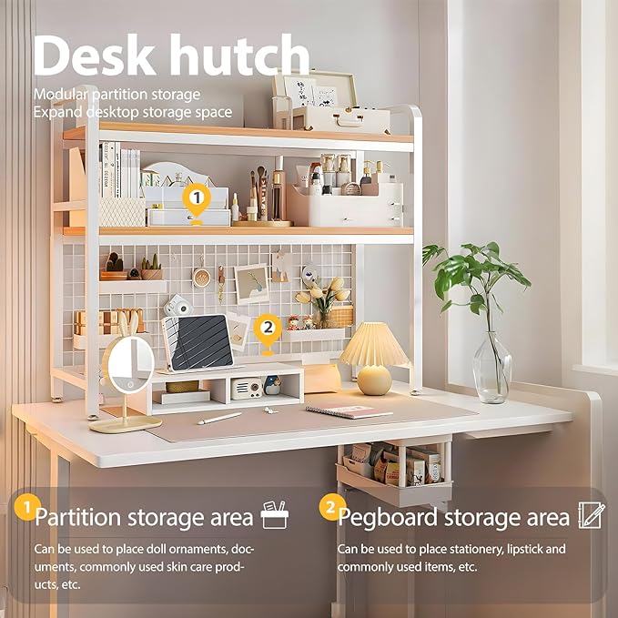 Desk Hutch, 37.4 in Desk Shelf for Top of Desk with Grid Panel, Desk Hutch Top Only, Over Desk Storage for Home, Office and Dorm