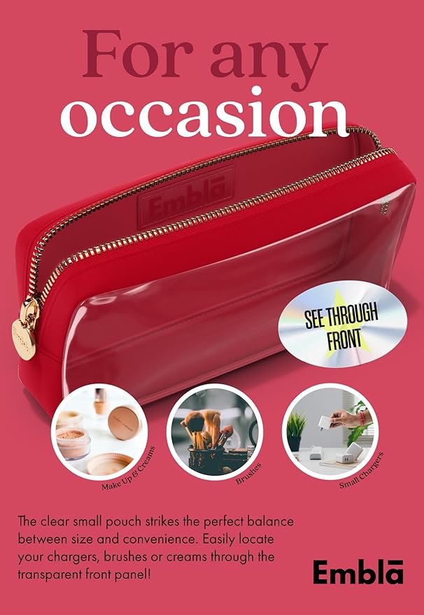 Embla Clear Cosmetic Bag Makeup Case, Clear Zipper Make Up Pouch and Toiletry Travel Tote, Cute Skincare Pouches for Women Girls, Preppy Purse Cosmetic Organizer, Small Makeup Bags, Ruby Red
