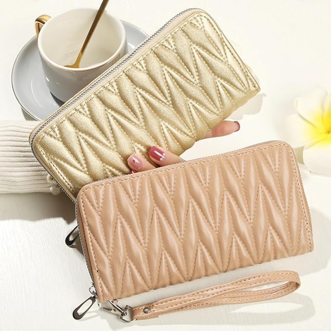 Women's Zip Wristlet Wallet - Large Capacity RFID Blocking Clutch Purse Quilted Soft Vegan Leather Travel Organizer