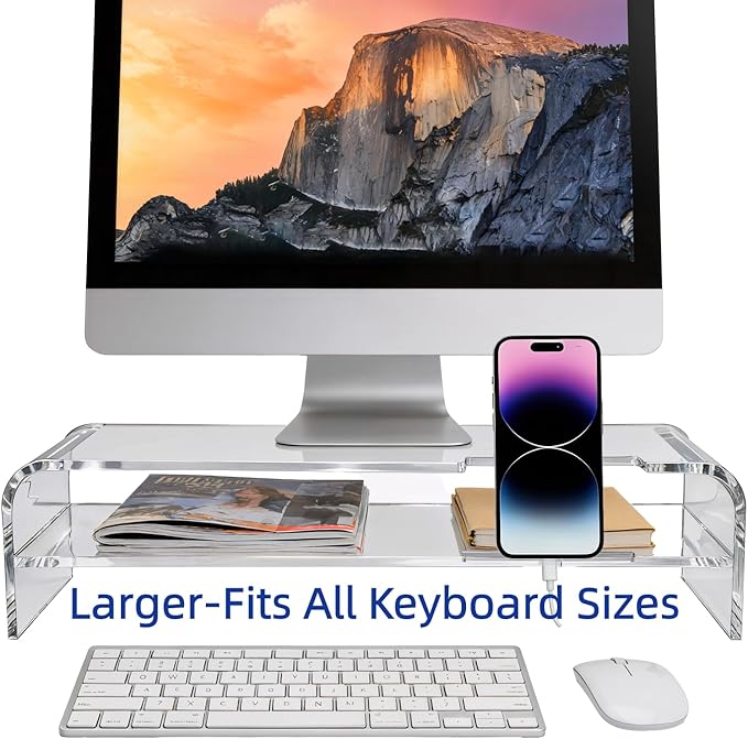 Larger Acrylic Monitor Stand - 20 inch 2 Tier Riser for iMac, PC, Desktop, Laptop, TV with Storage Shelf, Home Office Desk Organizer (20in with phone holder)