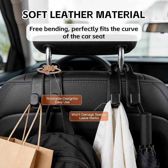 Car Seat Headrest Hooks for Purses and Bags, 4-Pack Heavy Duty Car Seat Hooks with Anti-Slip Pad, Universal Car Backseat Organizer Hanger Accessories for Grocery Bags (Black)