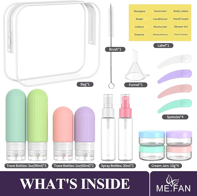 ME.FAN Travel Bottles for Toiletries,18 Pack Silicone Portable Size Bottle, TSA Approved Refillable Cosmetic Container Kits for Conditioner, Shampoo, Lotion,Face Cream - Bright