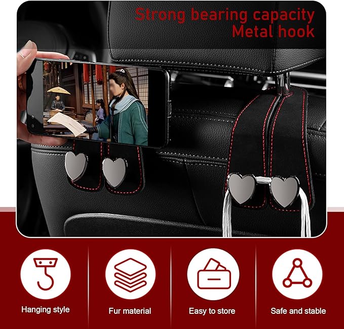 Car Seat Headrest Hook, 2 PCS Universal Black Heart-Shaped Metal + Soft Storage Hooks for Backpack, Grocery, Phone