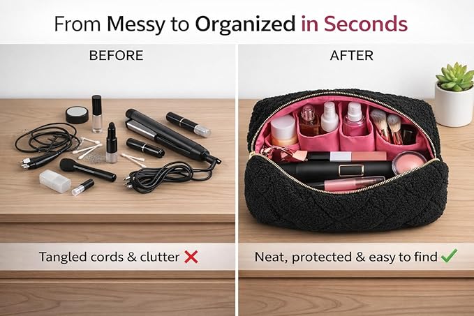 Plush Sherpa Hair Tool & Makeup Travel Bag for Skincare & Beauty Accessories (Black)