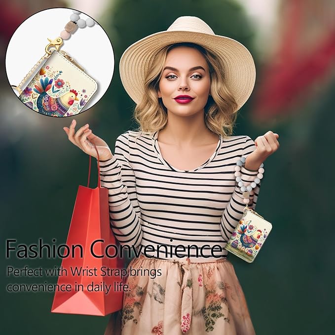 Blusabaca Chicken Flower Floral Eggs Rooster Women Credit Card Holder, Small RFID Blocking Zipper Wallet, Keychain PU Leather Card Case, Aesthetic Thanksgiving Christmas Easter Wallet Holiday Gift