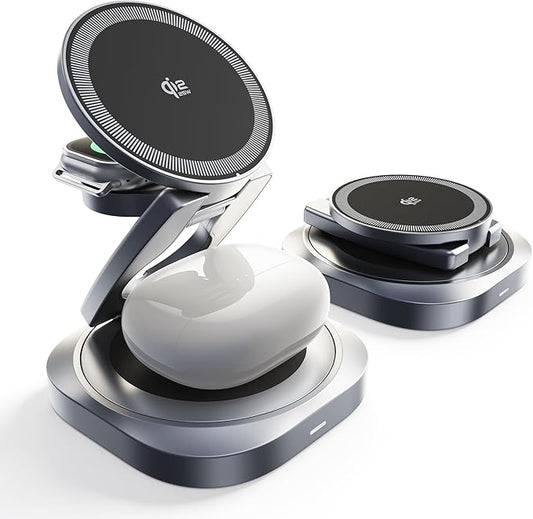 REWONDER Magnetic 3-in-1 Wireless Charger, Qi2.2 25W Certified Foldable Aluminum Charging Station for iPhone 17/16, Pixel 10, Apple Watch & AirPods, Compact for Travel or Desk (Adapter Not Included)