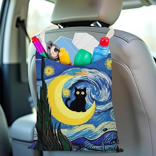Black Cat Car Trash Bag, Car Trash Bag Hanging, Waterproof Cars Back Seat Hanging Organizer and Storage Trash Bags for Vehicle Travelling Camping Moon Decor