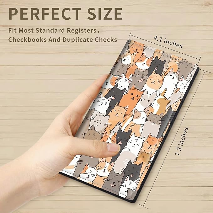 Checkbook Cover for Women & Men PU Leather Checkbook Covers for Personal Slim Check Book Credit Card Holder Holder Wallet with RFID Blocking for Duplicate Checks,Funny Cute Cats