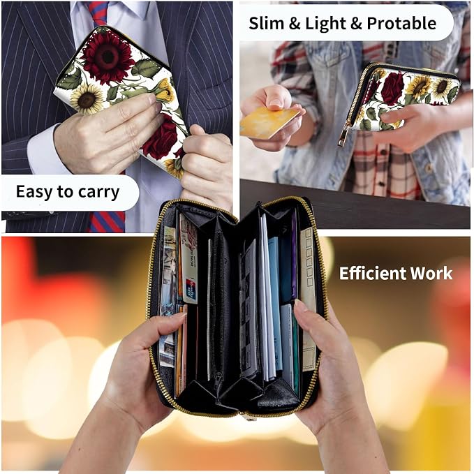 Wallet,Leather Long Wallet Suitable For Ladies And Teenagers - Detachable Wristband + RFID Travel Wallet With Card Slot - Roses Sunflower