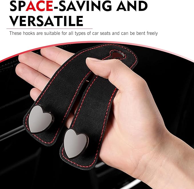 2 PCS Car Seat Hooks, Suede Heart-Shaped Double Hooks Headrest Organizer, Heavy-Duty Multi-Functional Auto Back Seat Phone Holder, Universal for Most Cars (Black)