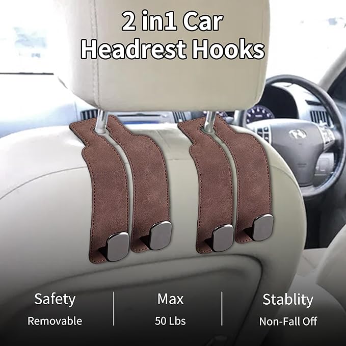 vidonio 2 Pack Double Car Seat Hooks for Headrest, Rotatable Purse Holder for Car, Premium Leather Car Hooks for Purses and Bags, Headrest Hooks and Storage Accessories (Brown)