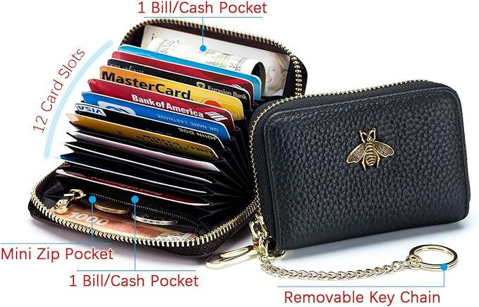 imeetu RFID Credit Card Holder, Small Leather Zipper Card Case Wallet for Women