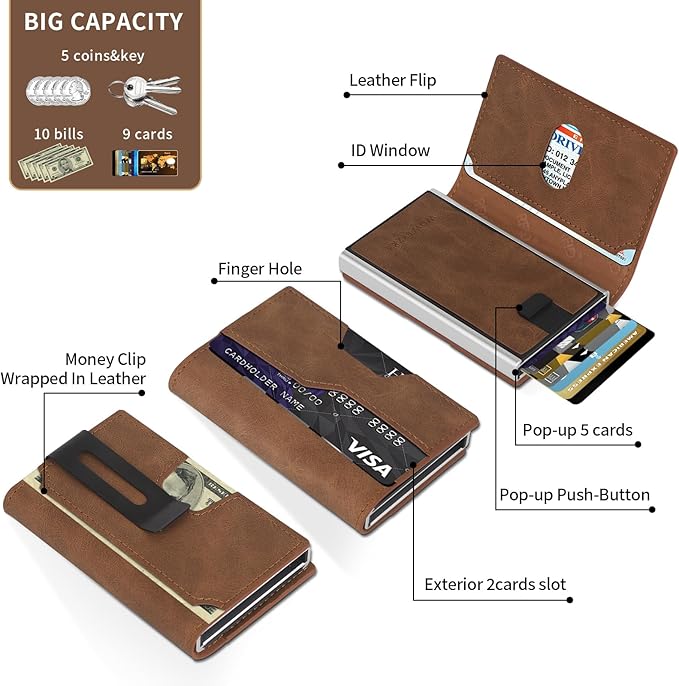 Mens slim Wallet，with RFID Shielding, Holds 9 Cards Easily, card wallet for Men, Minimalist Wallet For Men, Made of aluminum and Pu Synthetic Leather, Includes Cash clip (Brown)