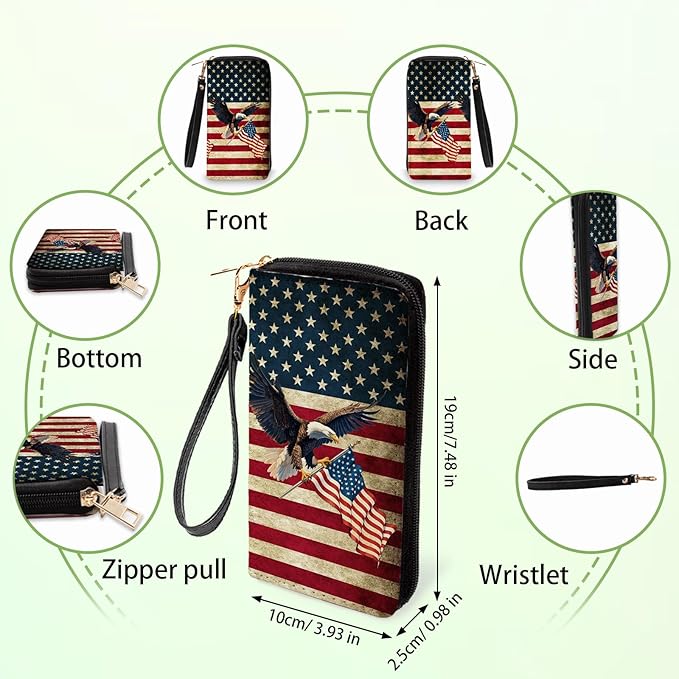 American Flag & Eagle Wallet for Women - Slim PU Leather Patriotic Wallet with Cash Zipper Coin Purse, Small Credit Card Holder Travel Wallet, Wristlet Wallets for Female Ladies Men