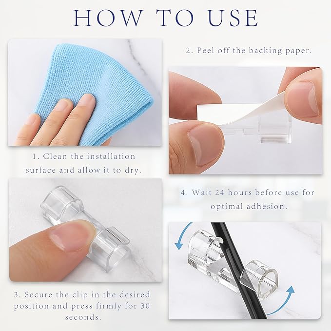 40-Pack Clear Adhesive Cable Clips (M Size) – Strong Transparent Wire Holders for Wall, Desk, Car, and Indoor/Outdoor Light Management