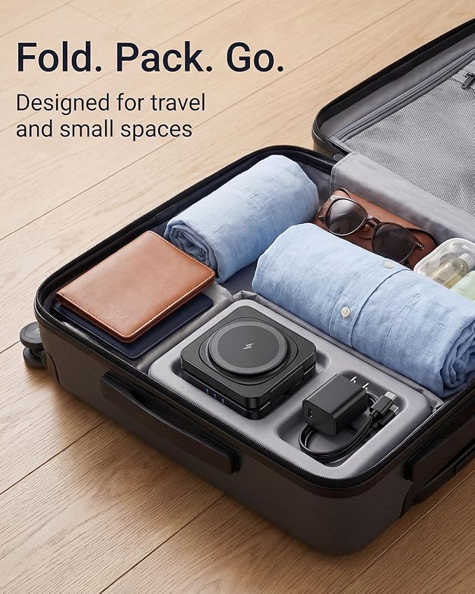 Traveling Magnetic Wireless Charging Station - ADADPU 3 in 1 Foldable Charger Stand for Apple Devices, Travel Charging Pad for iPhone 17 16 15 14 13 12 Pro Max Plus, for Apple Watch AirPods, Black