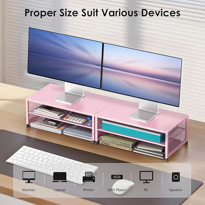 ECOLOVI 2-Tier Computer Monitor Stand Riser, Desk Organizer for Monitor, Printer & Laptop Stand, Desktop Workspace Organizers for Office Supplies(Pink)