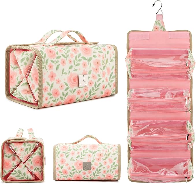 ROYALFAIR Roll Up Makeup Bag, Travel Toiletry Bag for Women with 4 Clear TSA Approved Pouches, Hanging Travel Organizer, Folding Cosmetic Bag for Men and Women