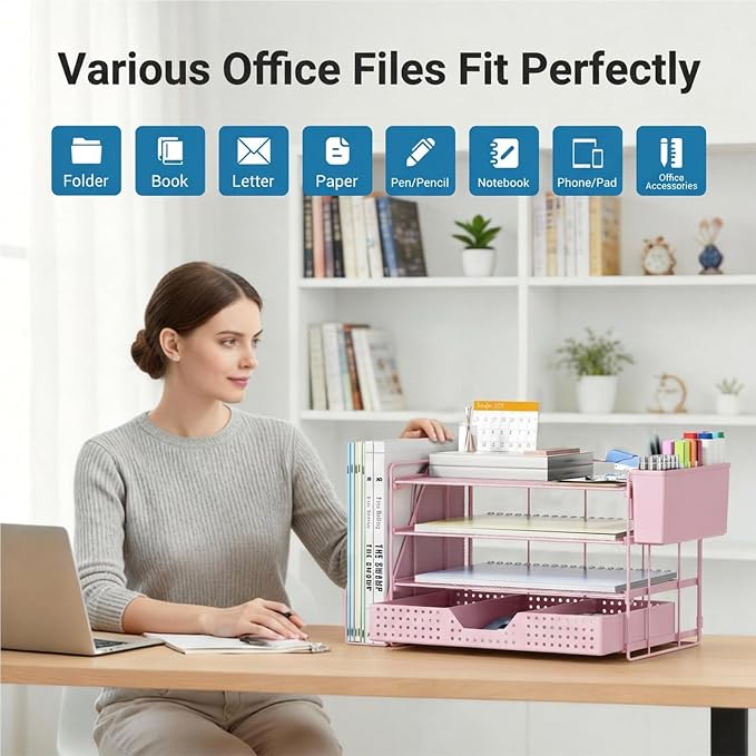 ECOLOVI Desk Organizer, 4-Tier Paper Organizer Letter Tray with File Holder, Drawer and 2 Pen Holders, Desktop File Organizer for Office Supplies, Workspace Storage, Pink