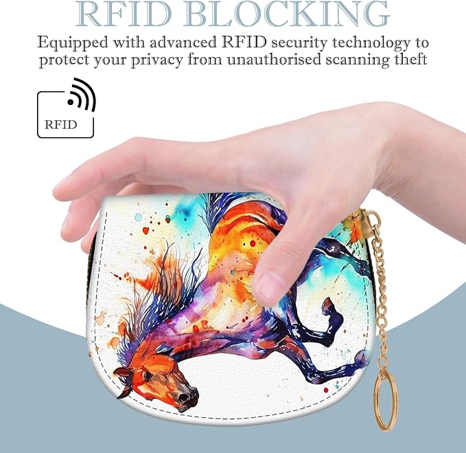 Women's Slim RFID Wallet – Compact Leather Card Holder Wallet for Women, 9 Card Slots RFID Blocking Credit Card Organizer, Small Travel Wallet - Watercolor Horse