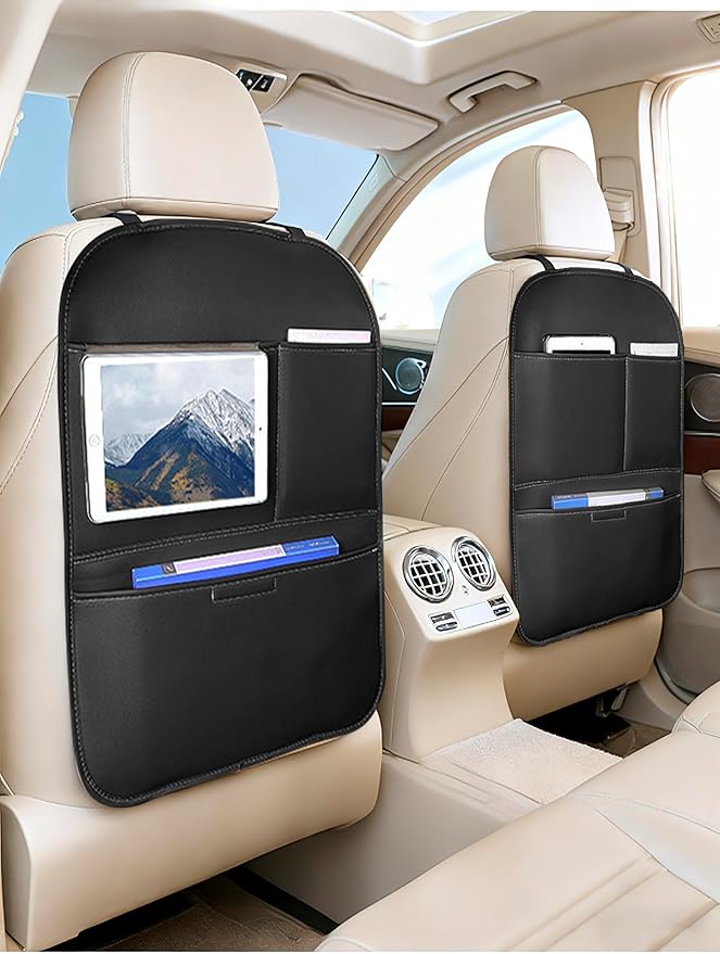 Kick Mat Back Seat Protector， Waterproof Leather Car Seat Back Organizers Cover with 3 Storage Pockets for Kids Pets SUV Sedan Minivan Truck Car Travel Accessories (Black 2-pack)