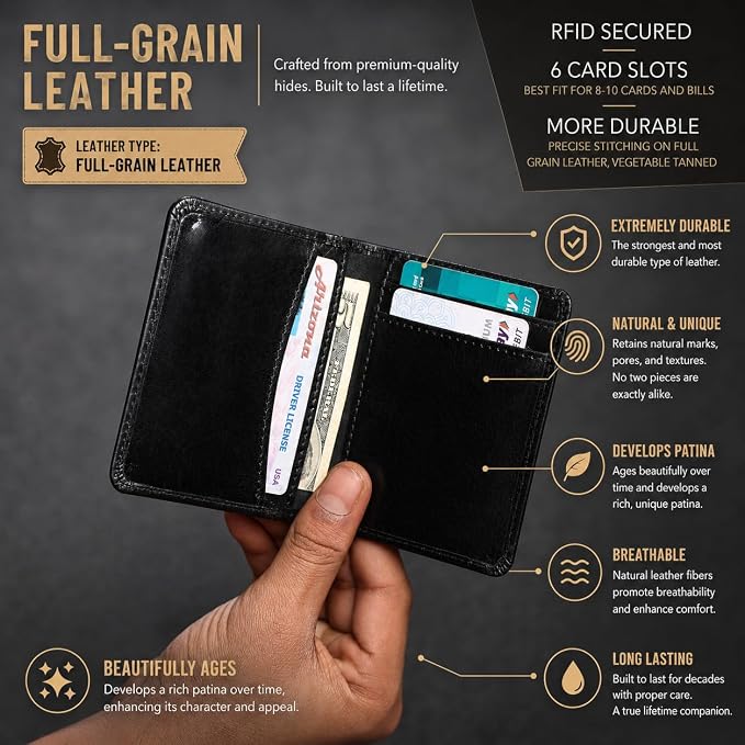 FOXHACKLE Full Grain Leather Credit Card Holder for Men and Women, Slim Bifold RFID Blocking Wallet, Thin Front Pocket Minimalist Wallet, Small Card Case.