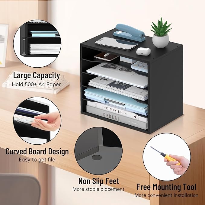 5-Tier Wood Desk Organizer, Paper Tray Organizer for Desk with Adjustable Storage Shelves, Desktop File Organization Paper Sorter Mail Holder for Office Home Classroom, Black